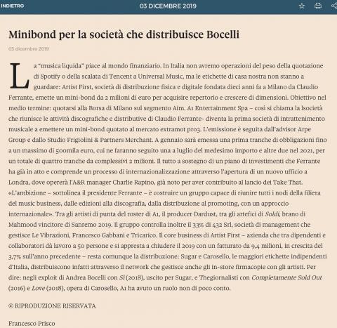 Minibond per la società che distribuisce Bocelli