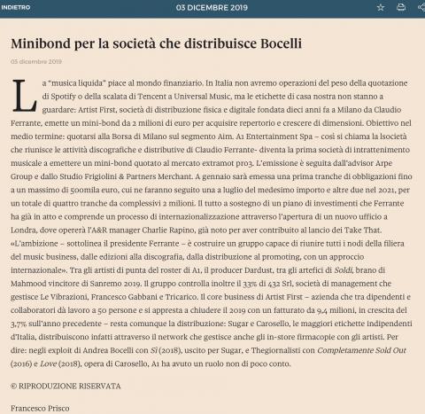 Minibond per la società che distribuisce Bocelli