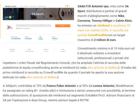 3A dei F.lli Antonini S.p.A. in raccolta per 2 mln euro di minibond su CrowdFundMe E’ la prima campagna di debito sul portale
