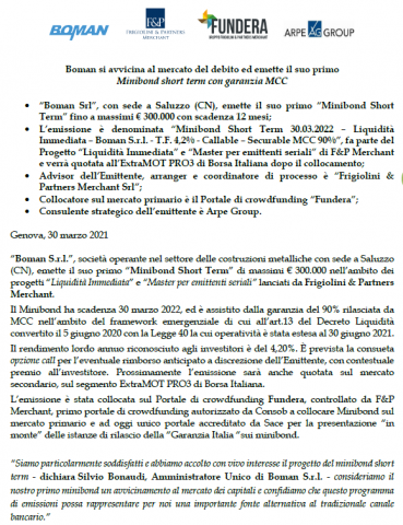 Boman si avvicina al mercato del debito ed emette il suo primo Minibond short term con garanzia MCC