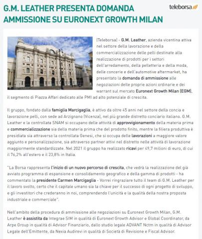 G.M. LEATHER PRESENTA DOMANDA AMMISSIONE SU EURONEXT GROWTH MILAN