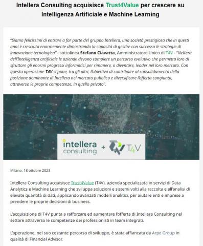 Intellera Consulting acquisisce T4V, azienda che è stata affiancata per lungo tempo da Arpe Group come Financial Advisor