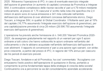 BORSA: PROMOTICA DEBUTTERA' SU AIM IL PROSSIMO 27 NOVEMBRE