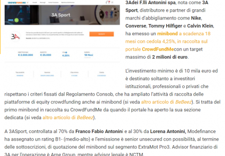 3A dei F.lli Antonini S.p.A. in raccolta per 2 mln euro di minibond su CrowdFundMe E’ la prima campagna di debito sul portale