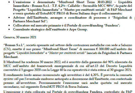 Boman si avvicina al mercato del debito ed emette il suo primo Minibond short term con garanzia MCC