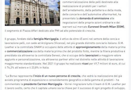 G.M. LEATHER PRESENTA DOMANDA AMMISSIONE SU EURONEXT GROWTH MILAN