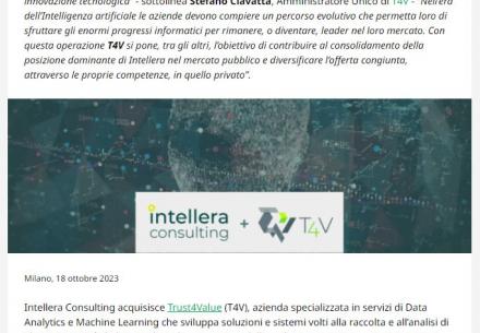 Intellera Consulting acquisisce T4V, azienda che è stata affiancata per lungo tempo da Arpe Group come Financial Advisor